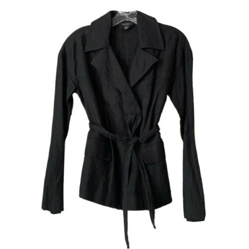 100% Linen Jacket Lord & Taylor Black Lightweight V-Neck Belted Xs — image 4 of 8